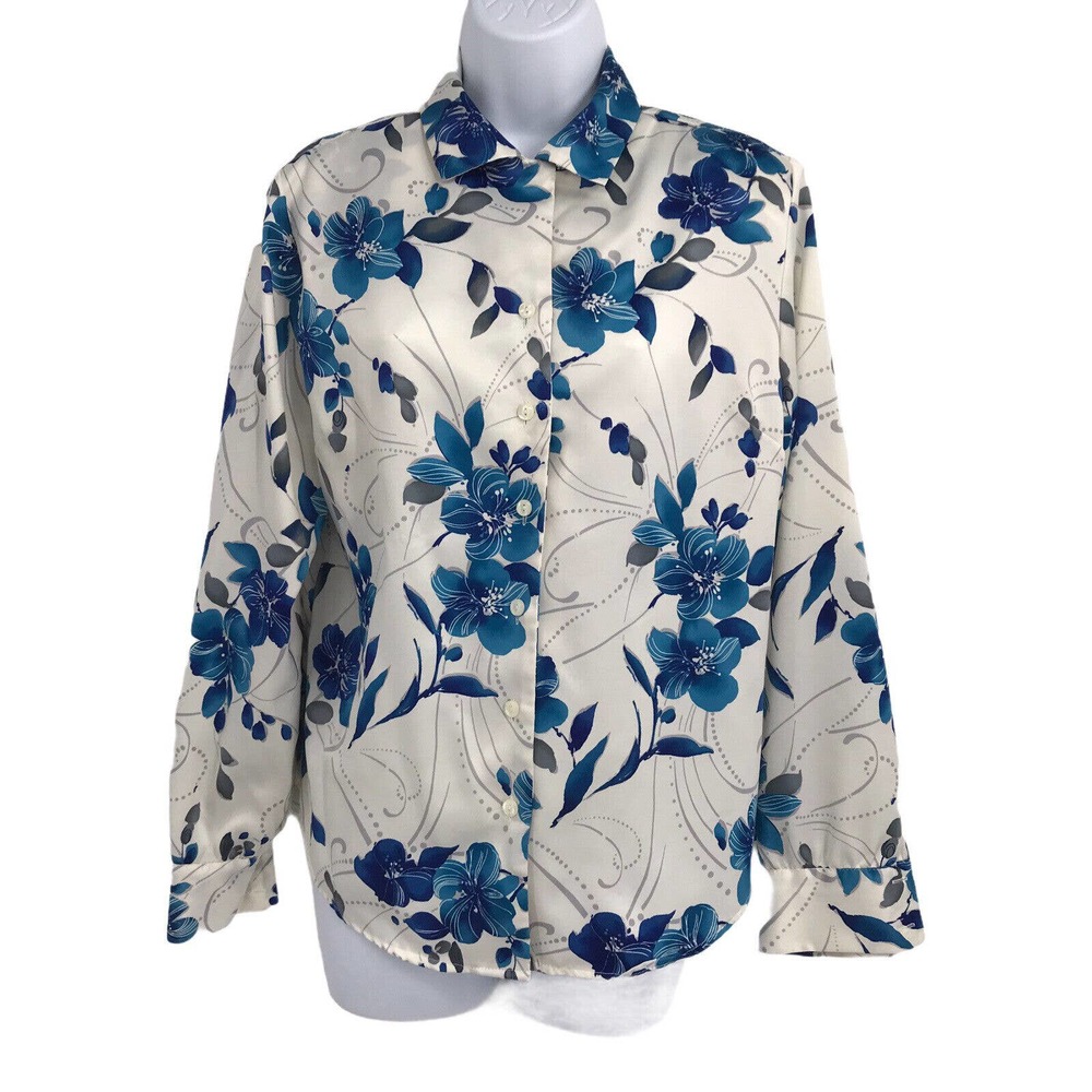 Karen Scott Women's White Blue Floral Collared Long Sleeve Blouse - Size M